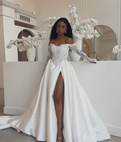 A-Line Off Shoulder Long Sleeves Lace Top High Slit Pleated Wedding Dress