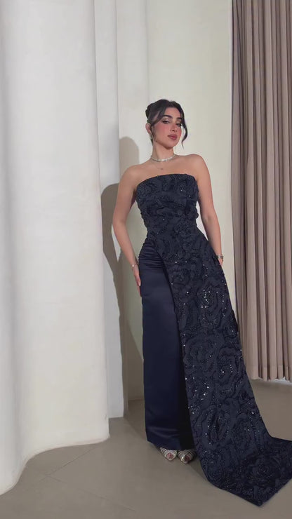 Navy Tube Top Sleeveless Floral Beaded Sheath Evening Formal Dress