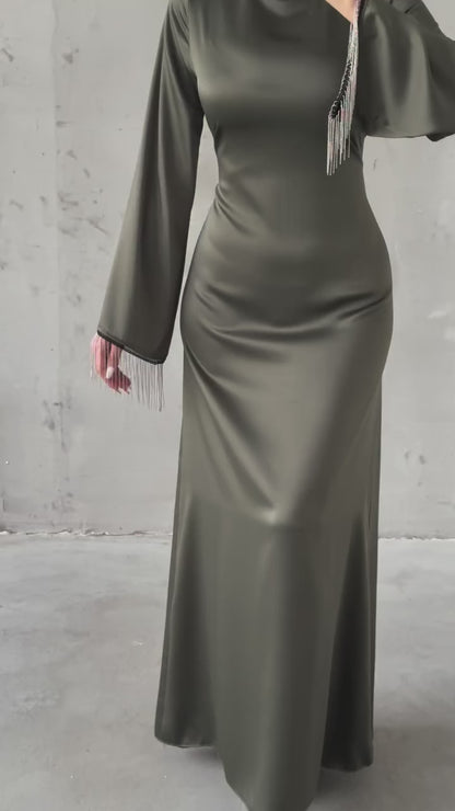 Column Simple High Neck Long Sleeves Tassels Ankle Length Evening Formal Dress