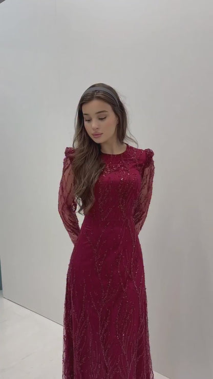 Bugundy Bateau Neck Long Sleeves Beaded Column Floor Length Evening Formal Gown