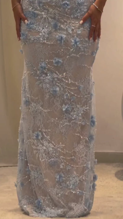 Blue Sweetheart Sleeveless Floral Sheath Floor Length Lace Up Formal Evening Gown