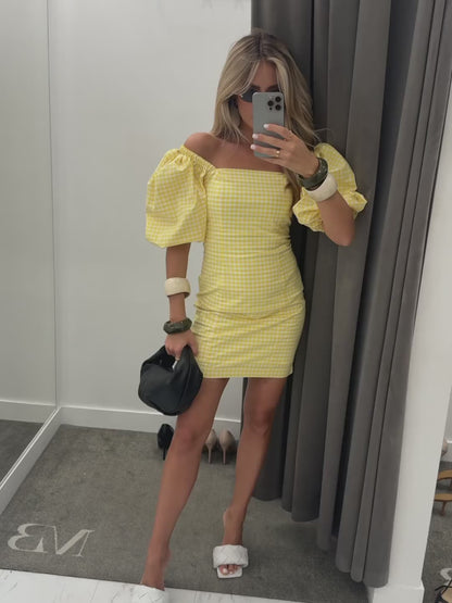 Sheath Square Neck Short Ouff Sleeves Daffodil and White Plaid Homecoming Dress