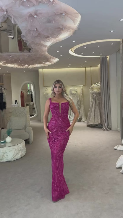 Fuchsia V Neck Regular Straps Full Rhinestones Beafing Formal Prom Dress