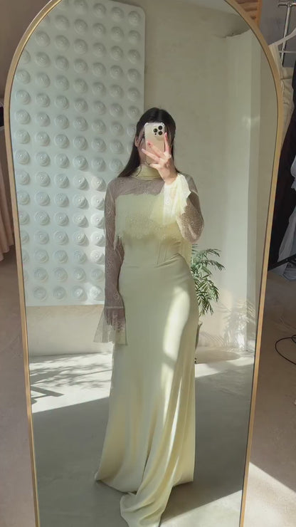 Sheath Long Sleeves Lace Top High Neck Evening Dress with Scarf