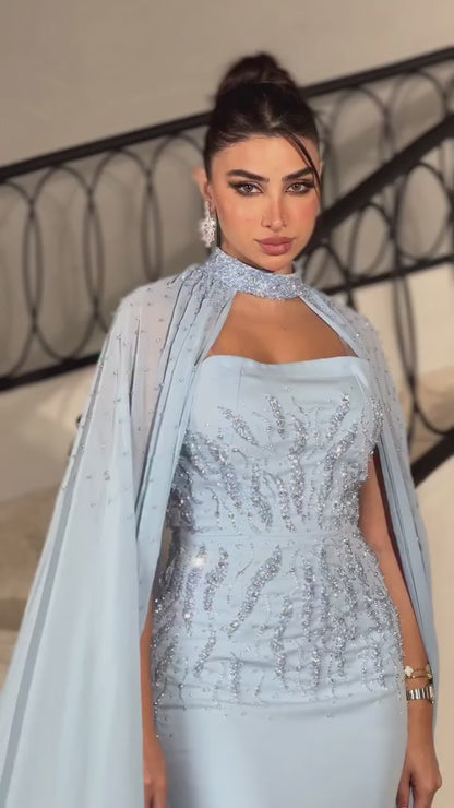 Blue Sheath Sleeveless Beaded Back Zipper Formal Evening Dress with Cape