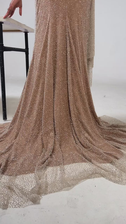 Sheath V Neck Beaded Sleeveless Pleated Side Slit Sweep Train Prom Dress