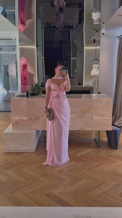 Pink Ruched Asymmetrical Neck Sheath Prom Dress with Scarf