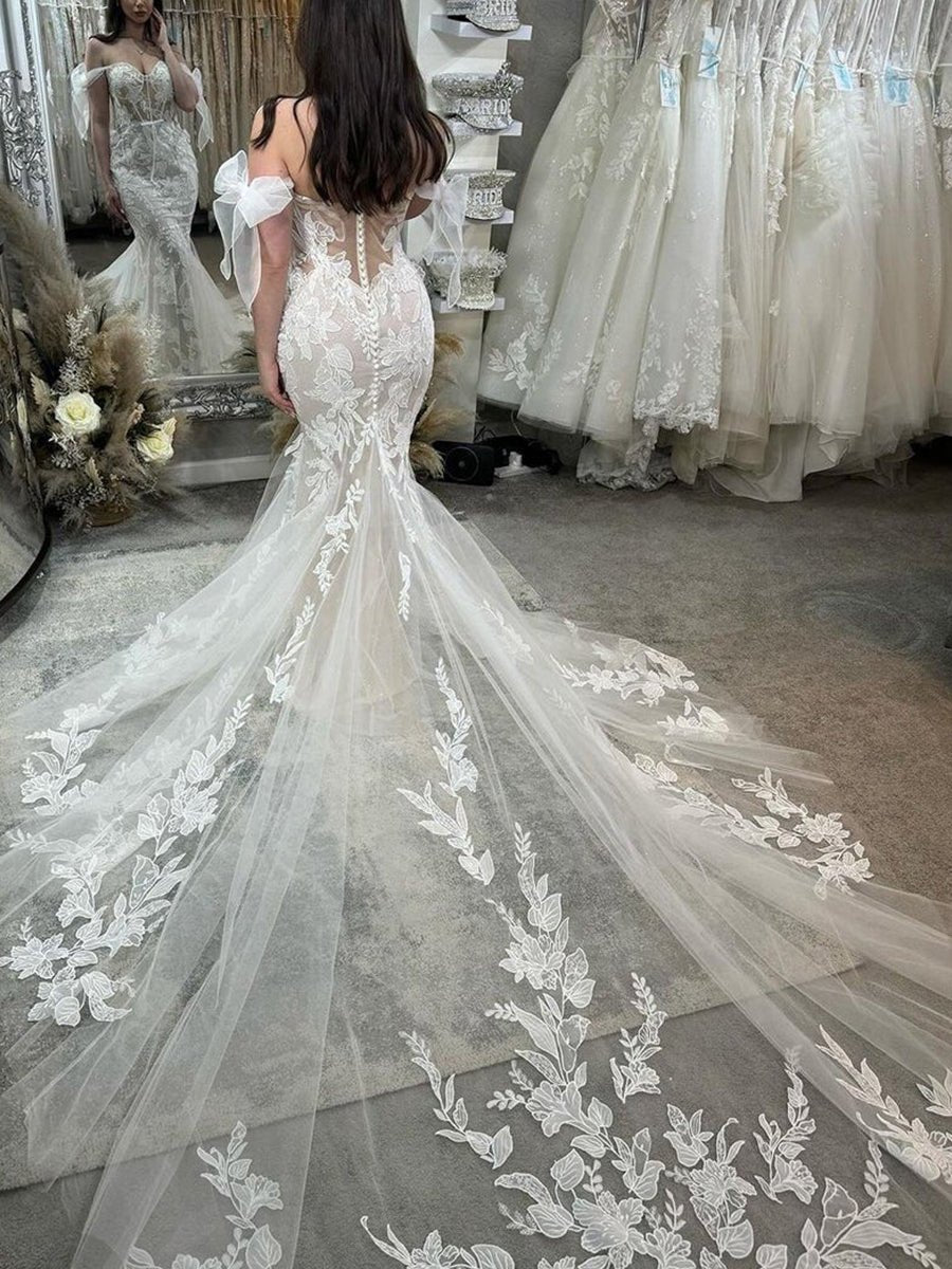 Princess Mermaid Off the Shoulder Lace Appliques Wedding Dresses