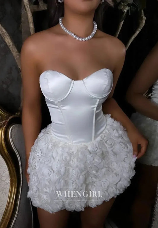 Sweetheart Strapless Floral Sleeveless Tie Back Sheath Mini Wedding Dress