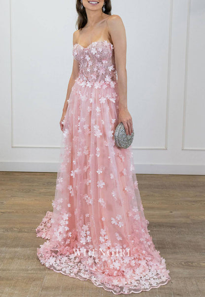 Pink A-Line Floral Back Zipper Sweetheart Prom Party Dress