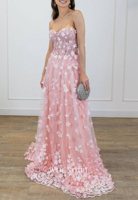 Pink A-Line Floral Back Zipper Sweetheart Prom Party Dress