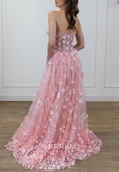 Pink A-Line Floral Back Zipper Sweetheart Prom Party Dress
