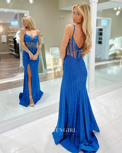 Gorgeous Sweetheart Sheath High Slit Satin Long Prom Formal Party Dress with Beaded