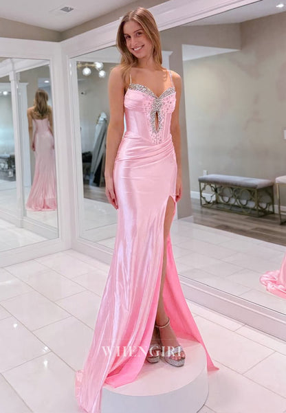 Elegant Sweetheart Straps High Slit Pleated Satin Party Prom Dress with Beaded