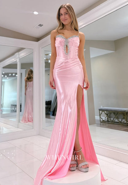 Elegant Sweetheart Straps High Slit Pleated Satin Party Prom Dress with Beaded
