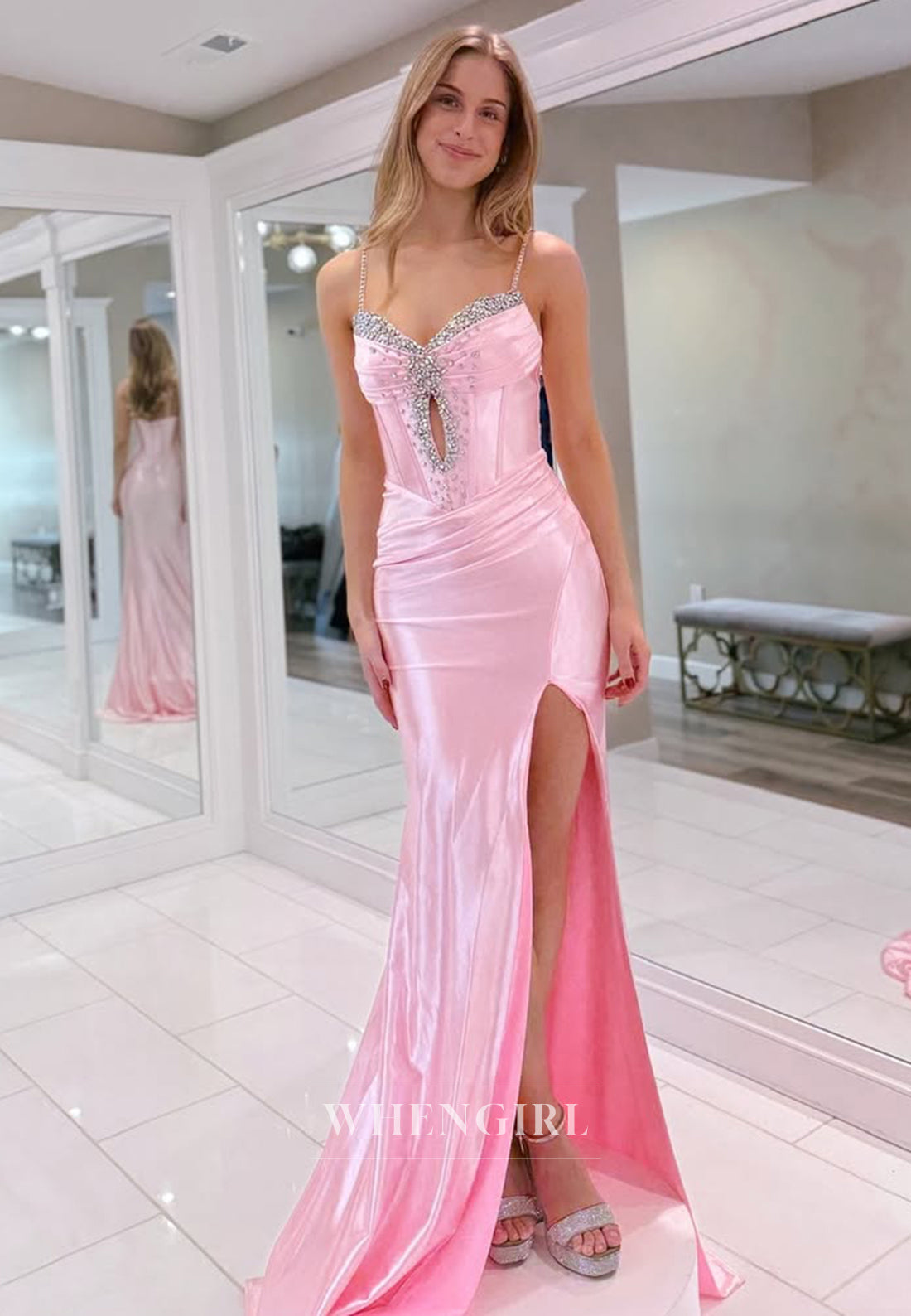 Elegant Sweetheart Straps High Slit Pleated Satin Party Prom Dress with Beaded