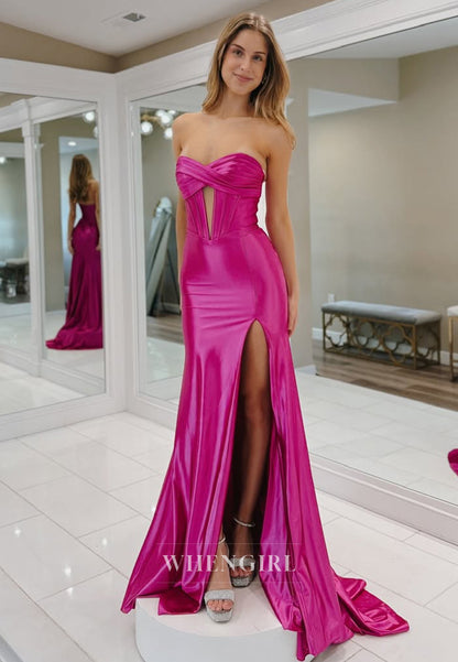Charming Sweetheart Sheath Prom Dress High Slit Train Satin Party Gown with Cut Outs