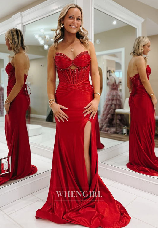 Stunning Sweetheart Sheath Side Slit Train Satin Party Prom Dress with Beaded