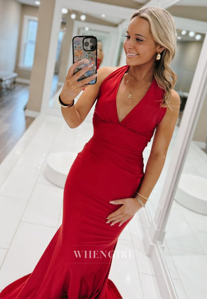Simple Halter V-Neck Mermaid Sleeveless Bows Satin Formal Prom Dress with Train