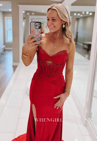 Stunning Sweetheart Sheath Side Slit Train Satin Party Prom Dress with Beaded