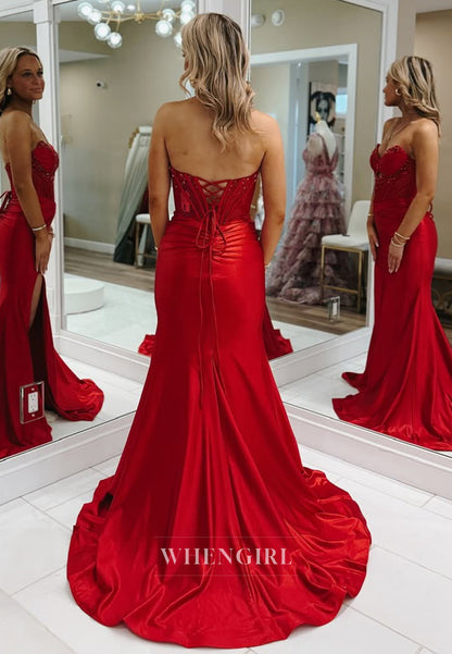 Stunning Sweetheart Sheath Side Slit Train Satin Party Prom Dress with Beaded