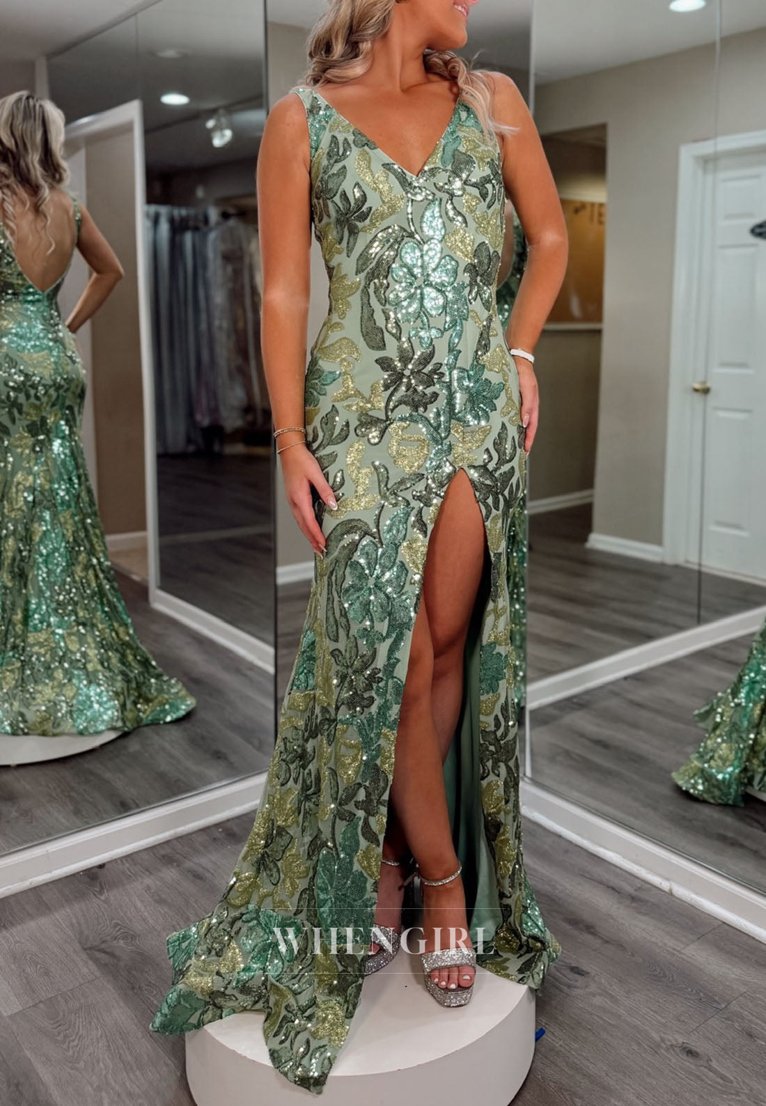 Mermaid Sleeveless V Neck Side Slit Regular Straps Floral Prom Dress