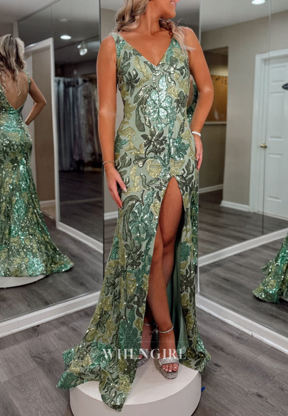 Mermaid Sleeveless V Neck Side Slit Regular Straps Floral Prom Dress