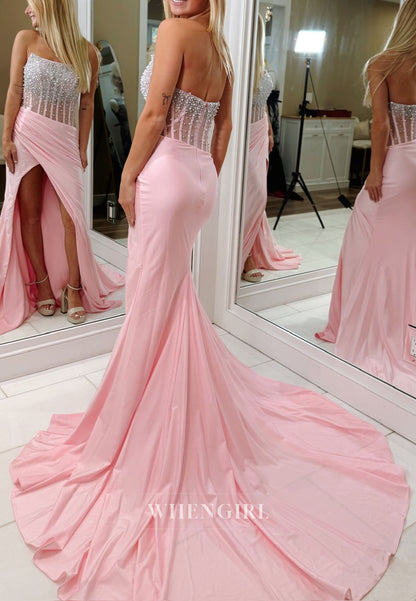 Pink Beaded Ruched Strapless Back Zipper Mermaid Prom Dress