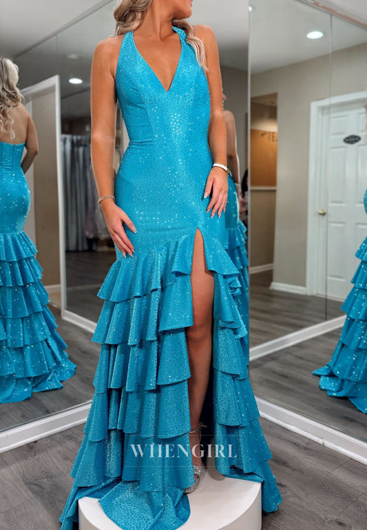 Ocean Blue V Neck Sleeveless Multi Tiered Ruffles Side Slit Mermaid Prom Dress