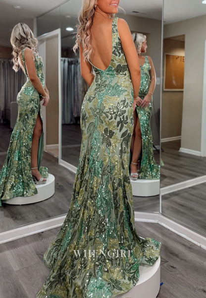 Mermaid Sleeveless V Neck Side Slit Regular Straps Floral Prom Dress