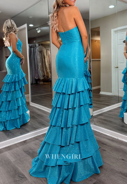 Ocean Blue V Neck Sleeveless Multi Tiered Ruffles Side Slit Mermaid Prom Dress