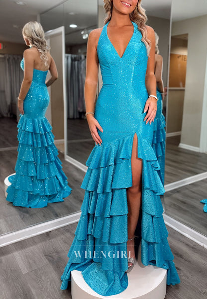 Ocean Blue V Neck Sleeveless Multi Tiered Ruffles Side Slit Mermaid Prom Dress