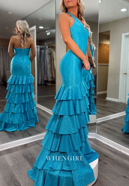 Ocean Blue V Neck Sleeveless Multi Tiered Ruffles Side Slit Mermaid Prom Dress