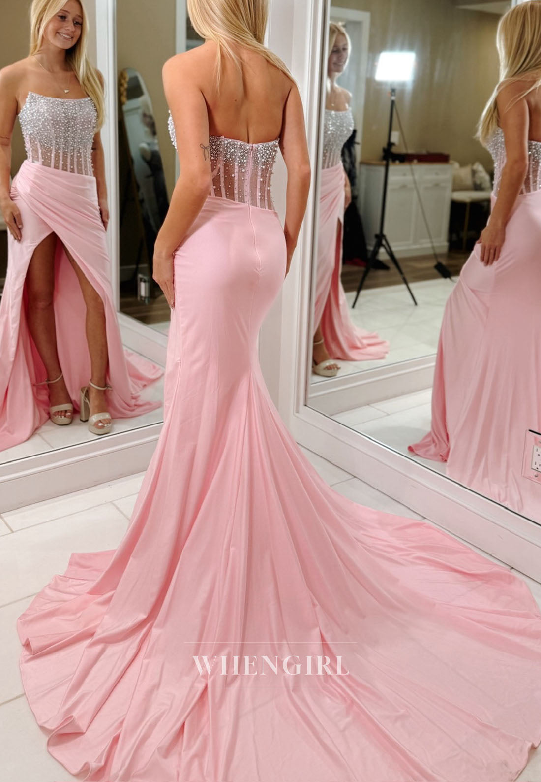 Pink Beaded Ruched Strapless Back Zipper Mermaid Prom Dress