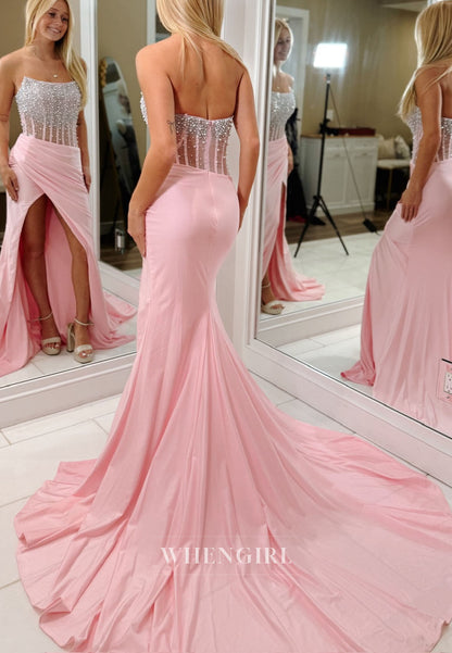 Pink Beaded Ruched Strapless Back Zipper Mermaid Prom Dress