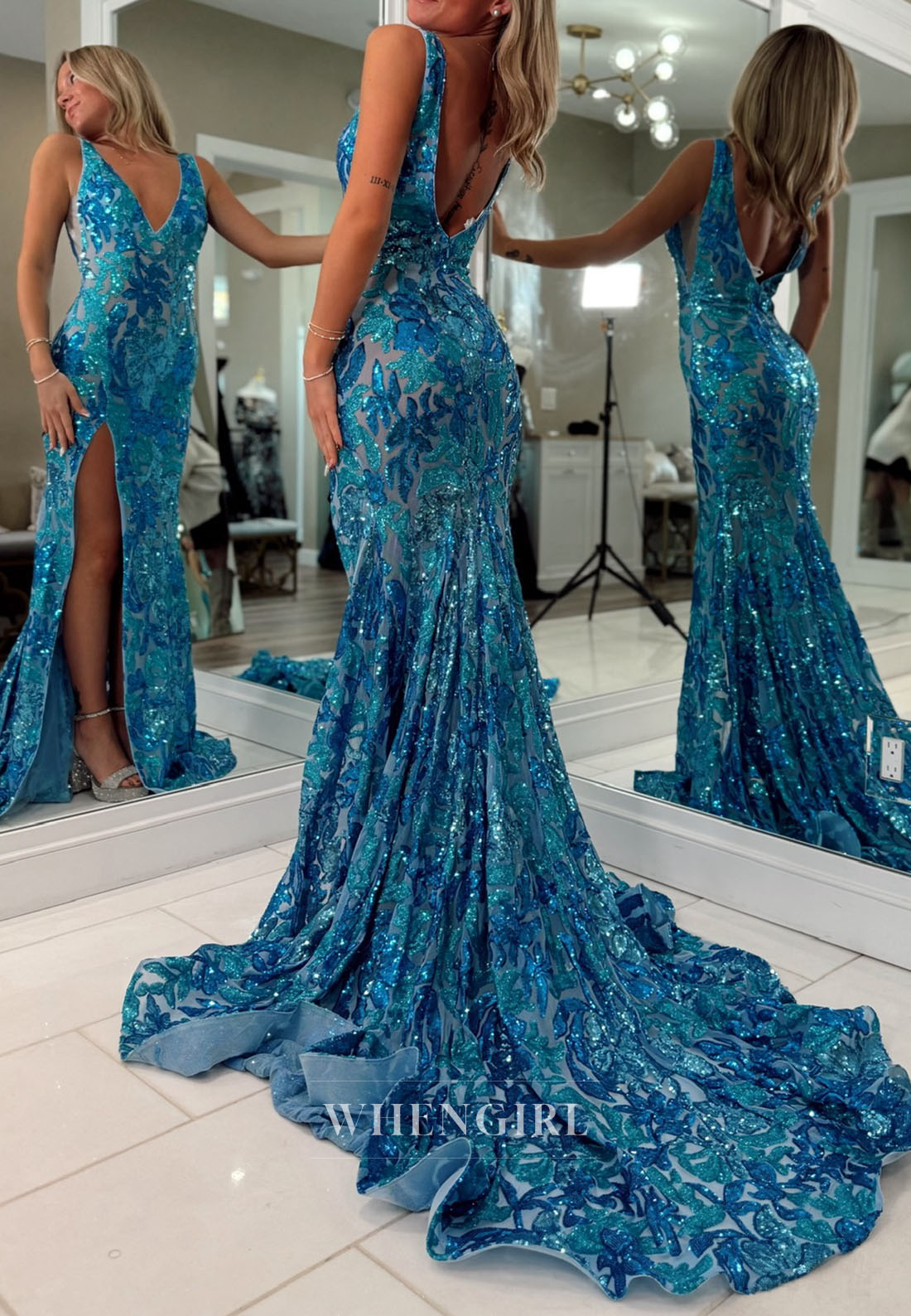 Mermaid Sleeveless V Neck Side Slit Regular Straps Floral Prom Dress