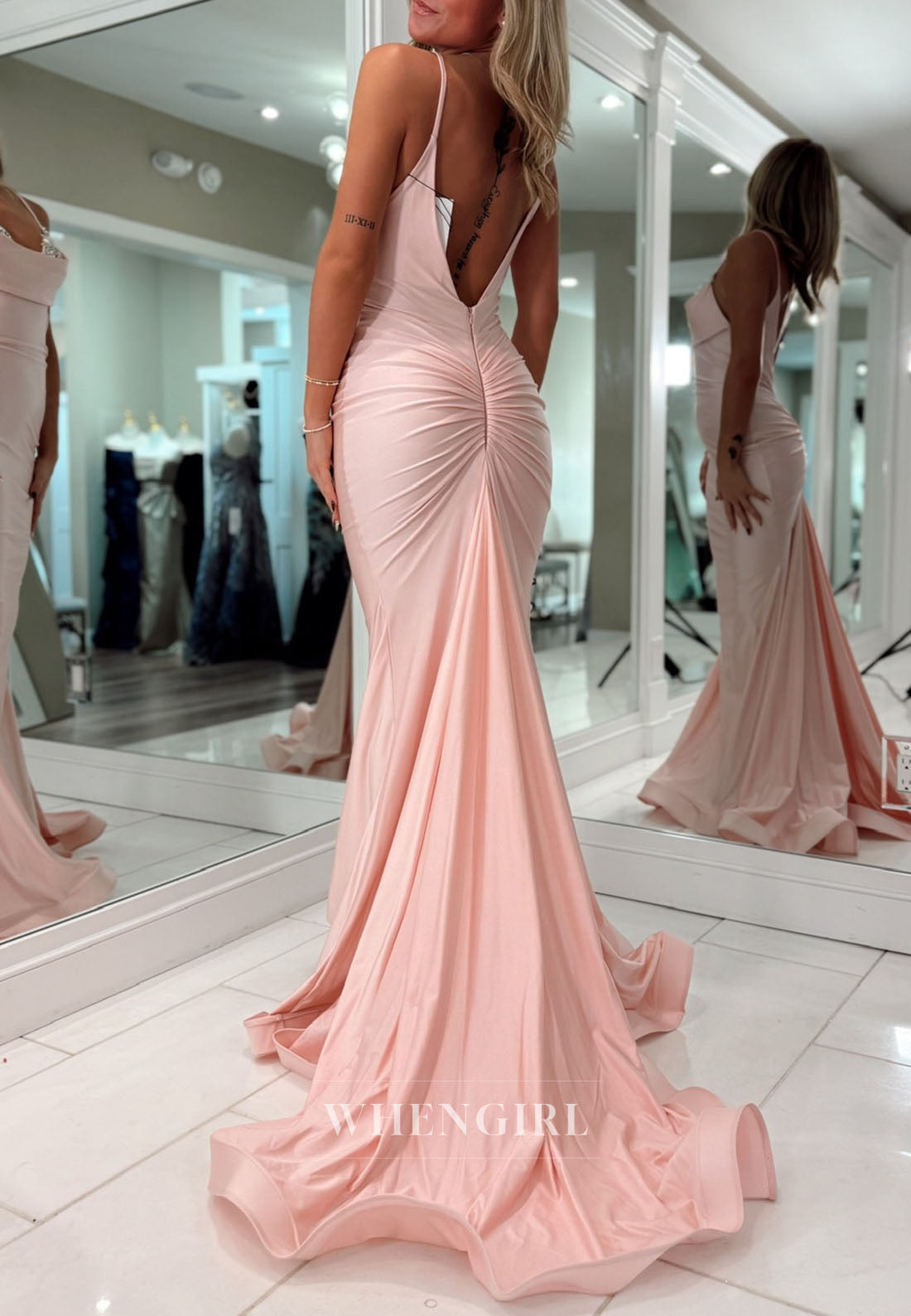 Pearl Pink Sheath Sweetheat Beaded Spaghetti Straps Ruched Prom Dress