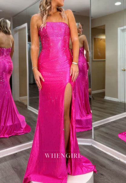 Mermaid Fuchsia Tube Top Sleeveless Side Slit Beaded Prom Dress