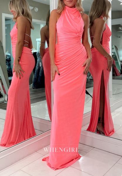 Papaya Sheath Halter Sleeveless Side Slit Prom Dress