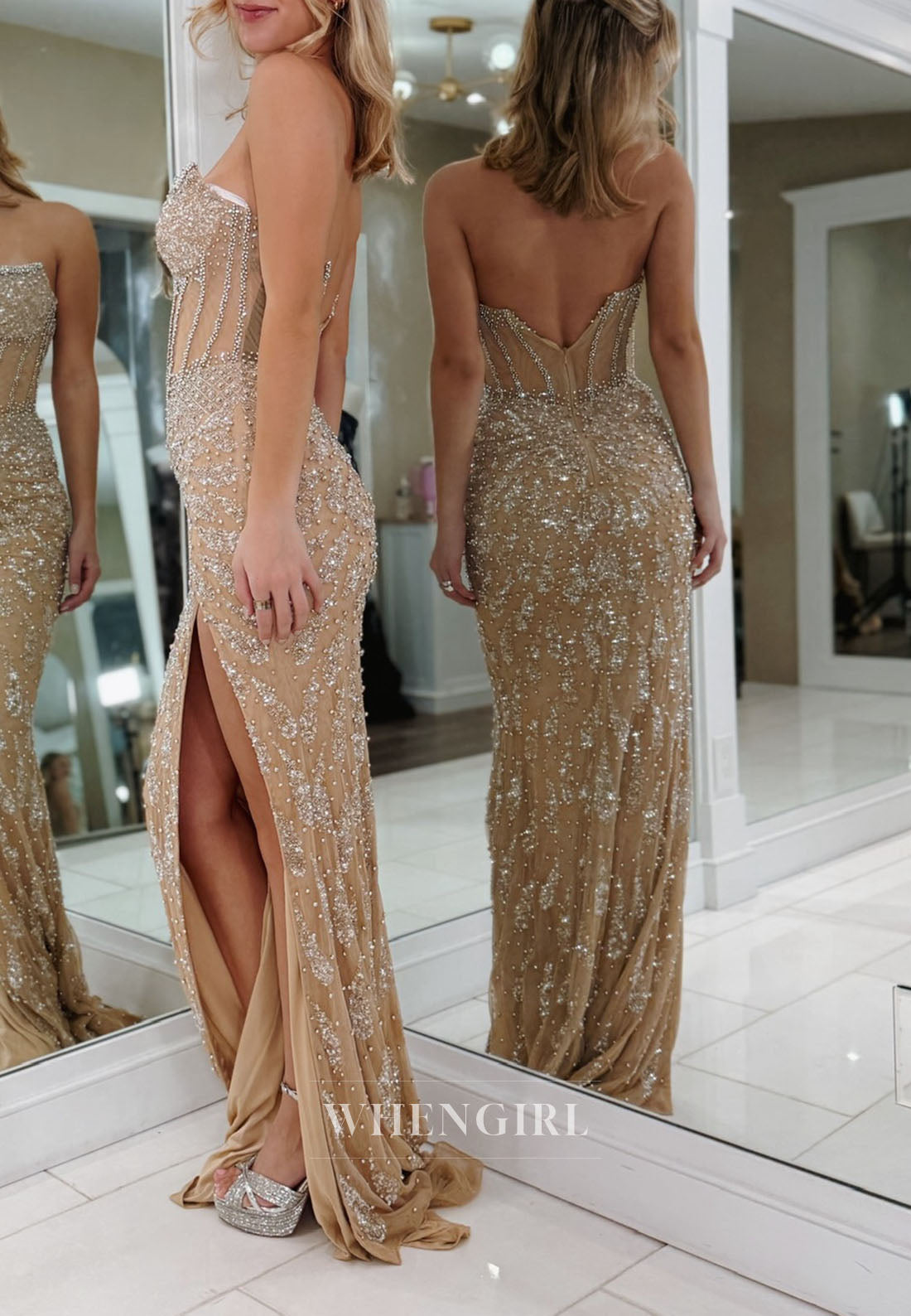 Taupe Sheath Swetheart Beaded Sleeveless Side Slit Prom Dress