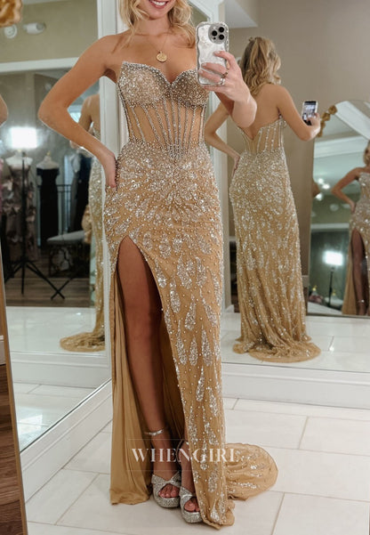 Taupe Sheath Swetheart Beaded Sleeveless Side Slit Prom Dress