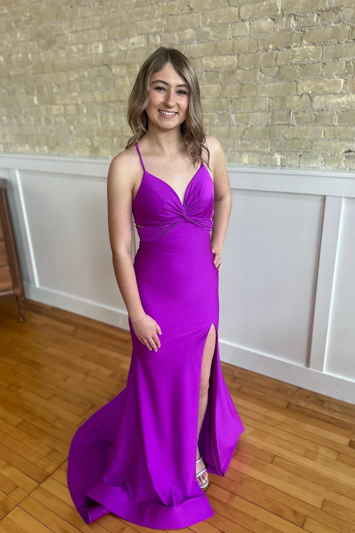 Purple Evening Gown Mermaid Maxi Dress Ruched Spaghetti Strap