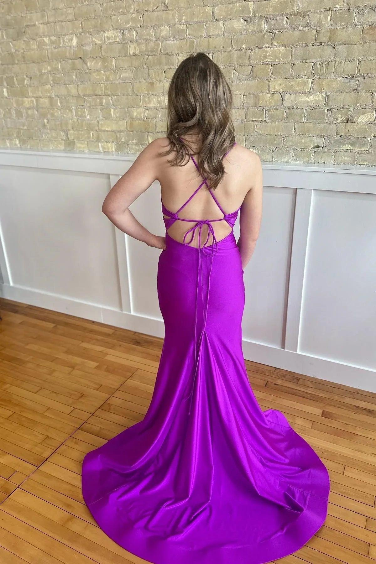Purple Evening Gown Mermaid Maxi Dress Ruched Spaghetti Strap