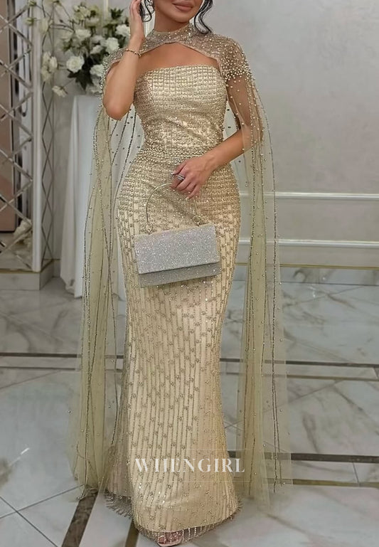 Champagne Beaded Back Zipper Floor Length Evening Formal Dress with Shawl