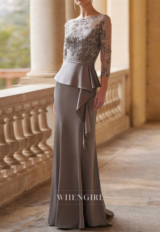 Sheath 3/4 Sleeves Bateau Neck Appliqued Ruffles Mother of the Bride Dress Evening Dress