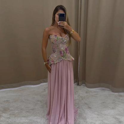 A-Line Off Shoulder Floral Formal Long Dress