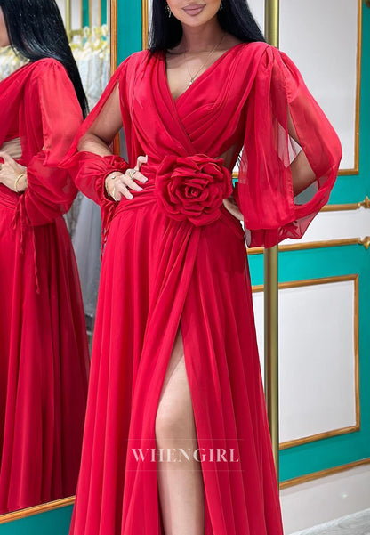 V Neck Long Sleeves 3D Flower Side Slit Chiffon A-Line Formal Evening Dress