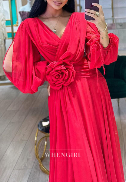 V Neck Long Sleeves 3D Flower Side Slit Chiffon A-Line Formal Evening Dress