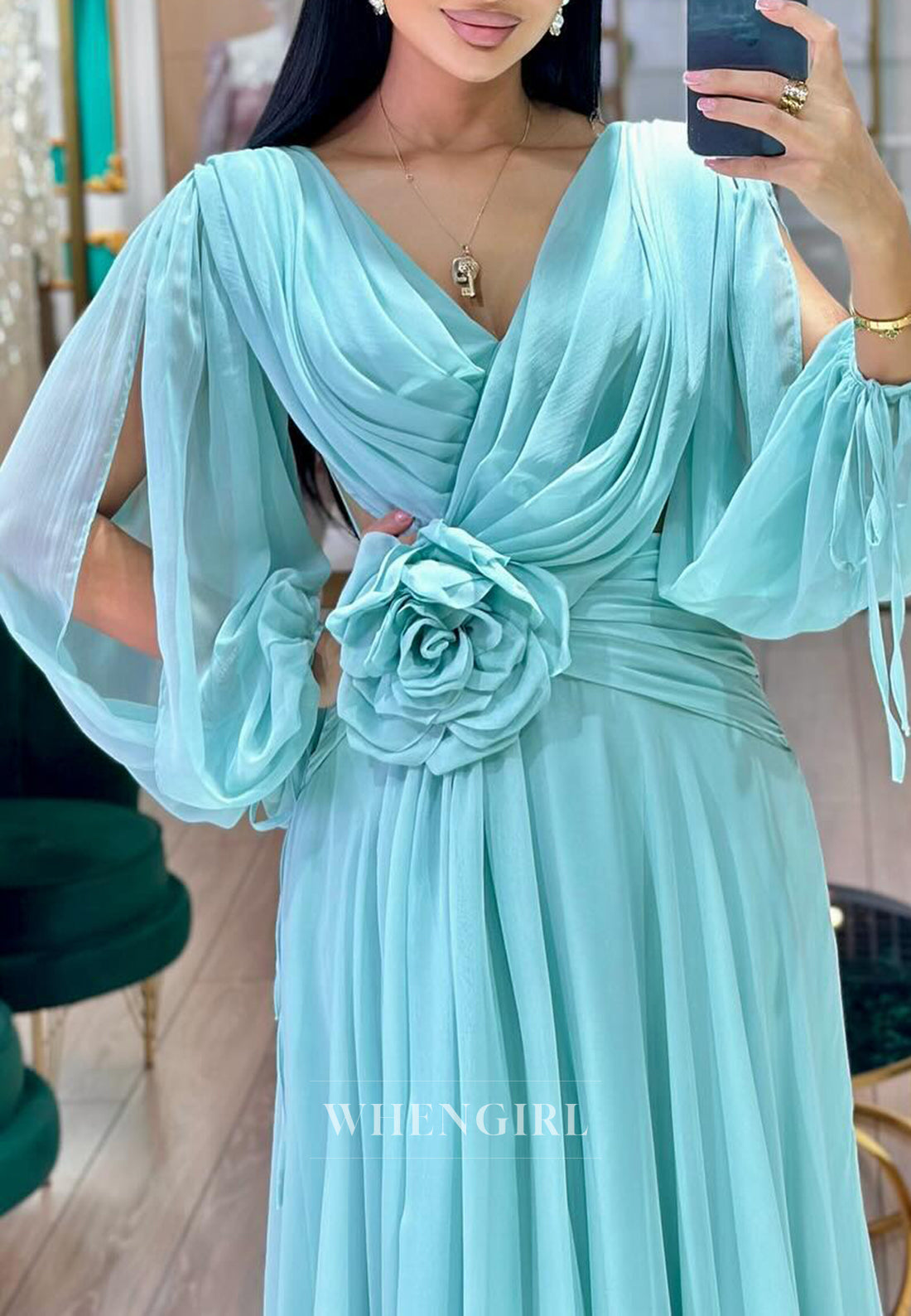 V Neck Long Sleeves 3D Flower Side Slit Chiffon A-Line Formal Evening Dress