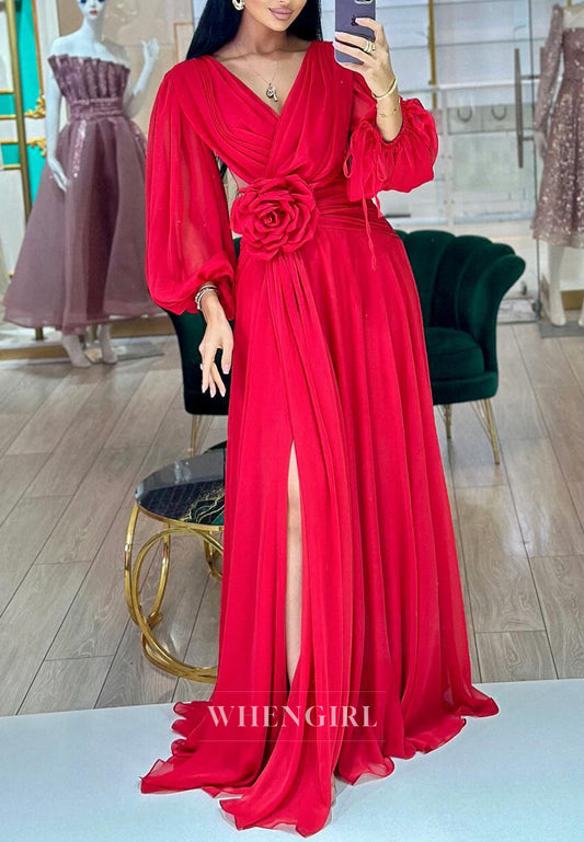 V Neck Long Sleeves 3D Flower Side Slit Chiffon A-Line Formal Evening Dress